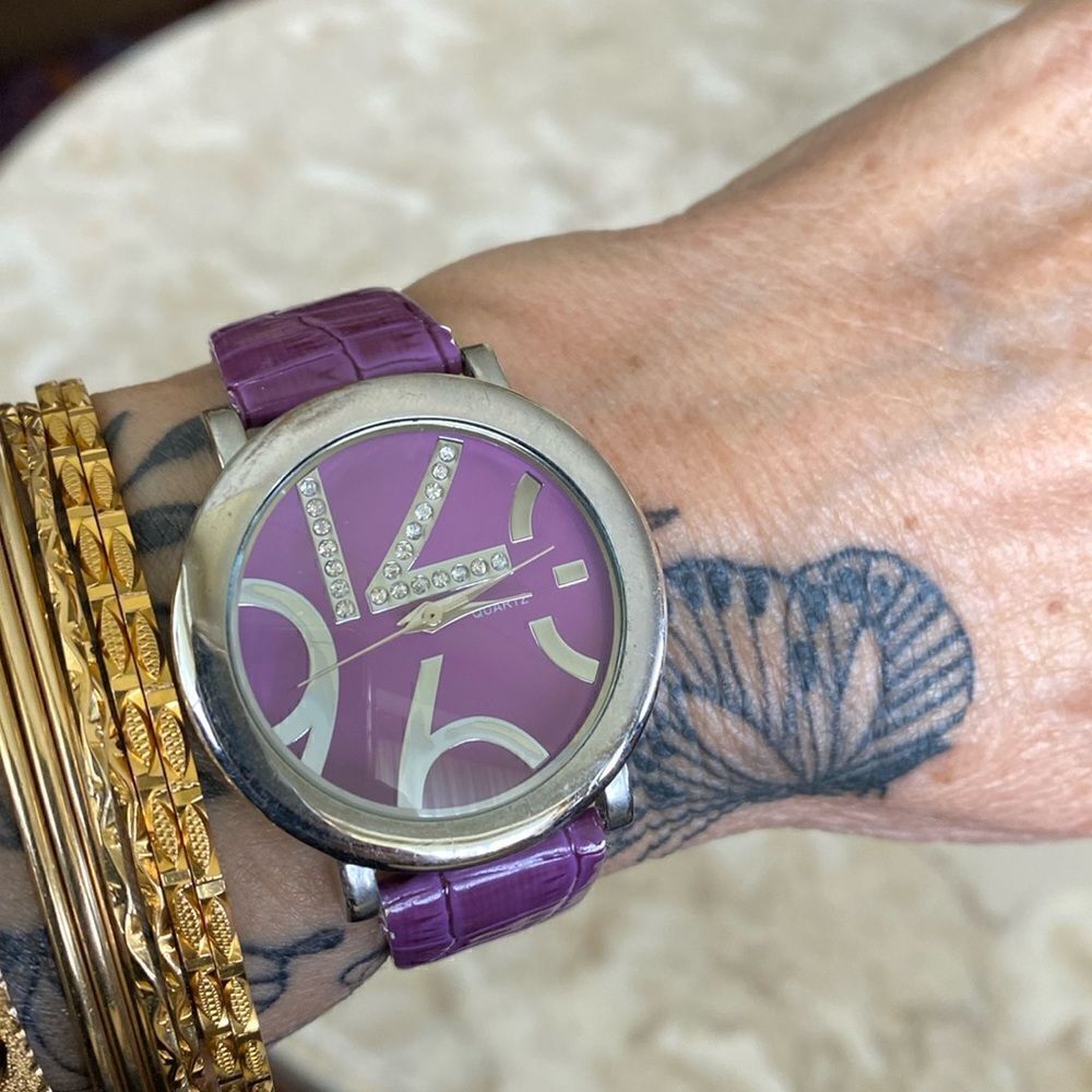 Crystal Embellished Purple & Stainless Steel Quartz Wristwatch